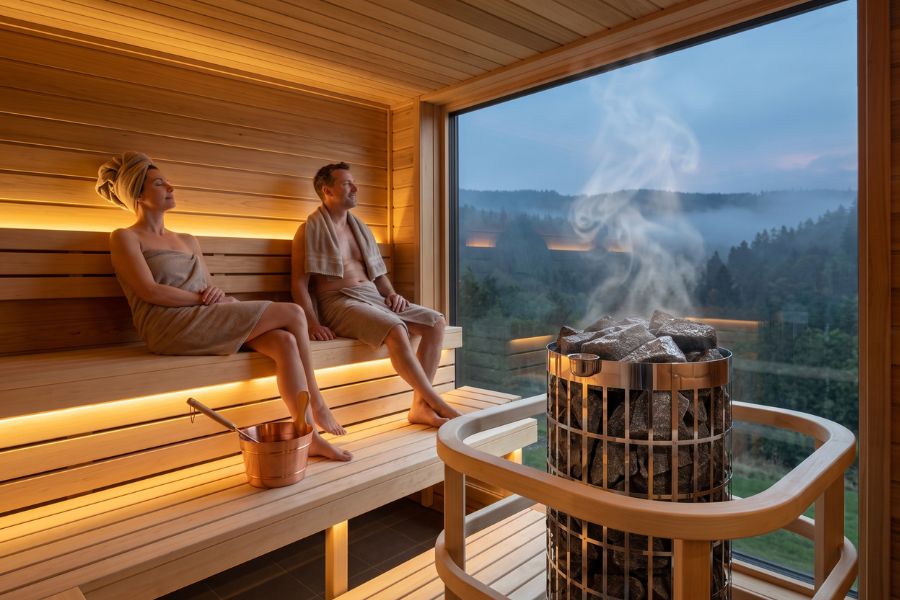 Beschlagene Glasscheibe in der Sauna