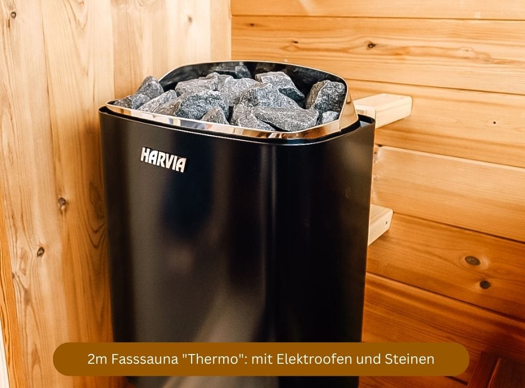 Baltresto 2m Fasssauna mit Elektroofen und aus Thermoholz, mit Harvia Top Steel