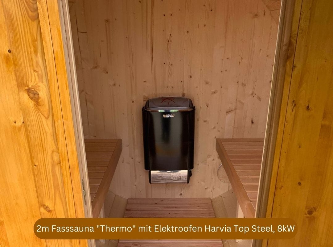 Baltresto 2m Fasssauna mit Elektroofen und aus Thermoholz, mit Harvia Top Steel